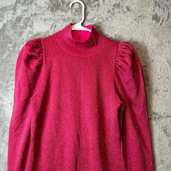 Alice + Olivia Issa Turtleneck Puff Sleeve Dress‎ Pink Glitter LG Wool Blend New